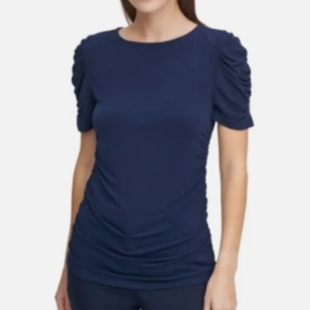 DKNY Ruched Short Sleeve Top in Cadet Blue NWOT SZ S